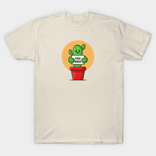 Happy Cactus Plant Holding Free Hugs Board Cartoon T-Shirt